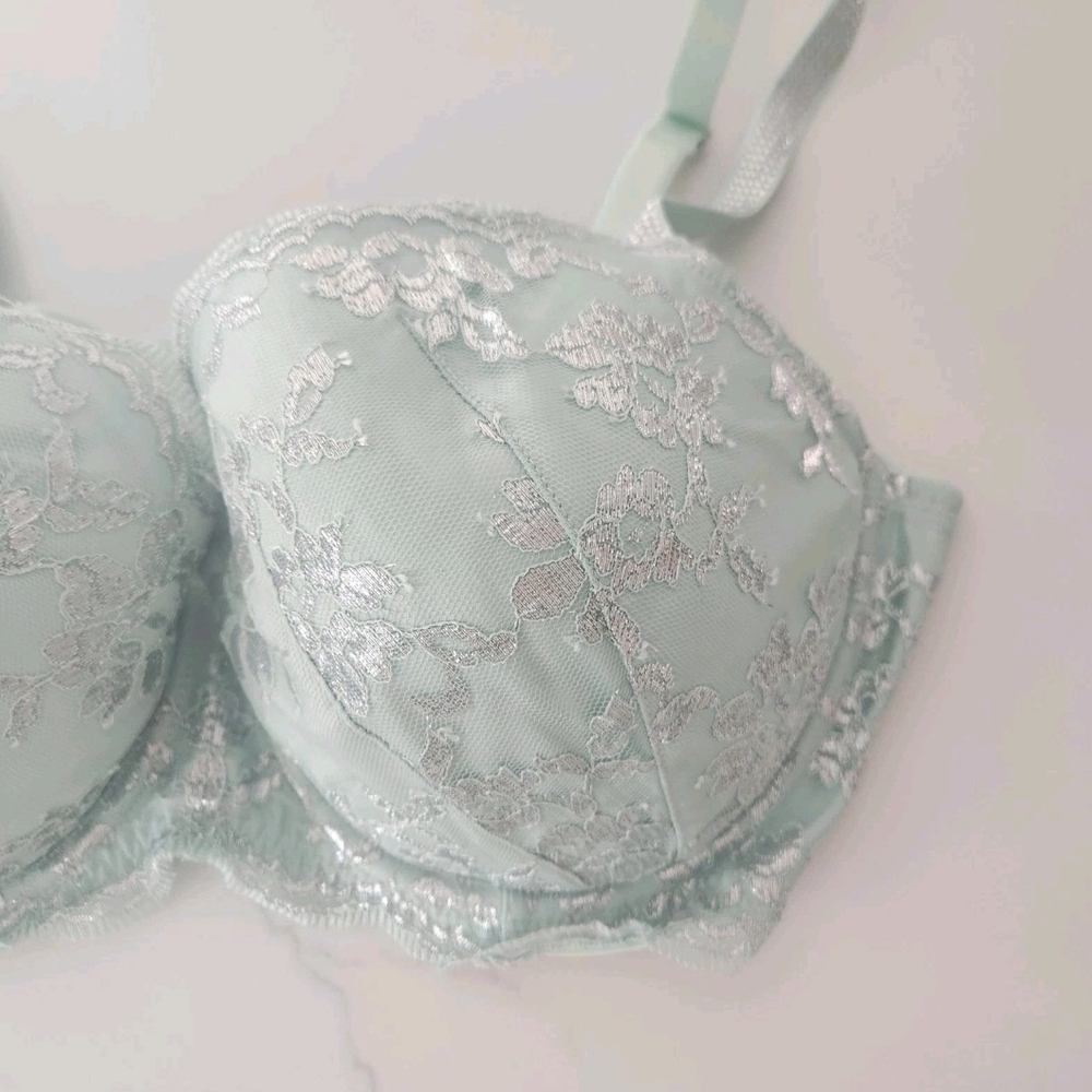 Victorias Secret Dream Angels Lined Demi Bra Mint Green Silver Lace Size 36DD - Picture 3 of 6